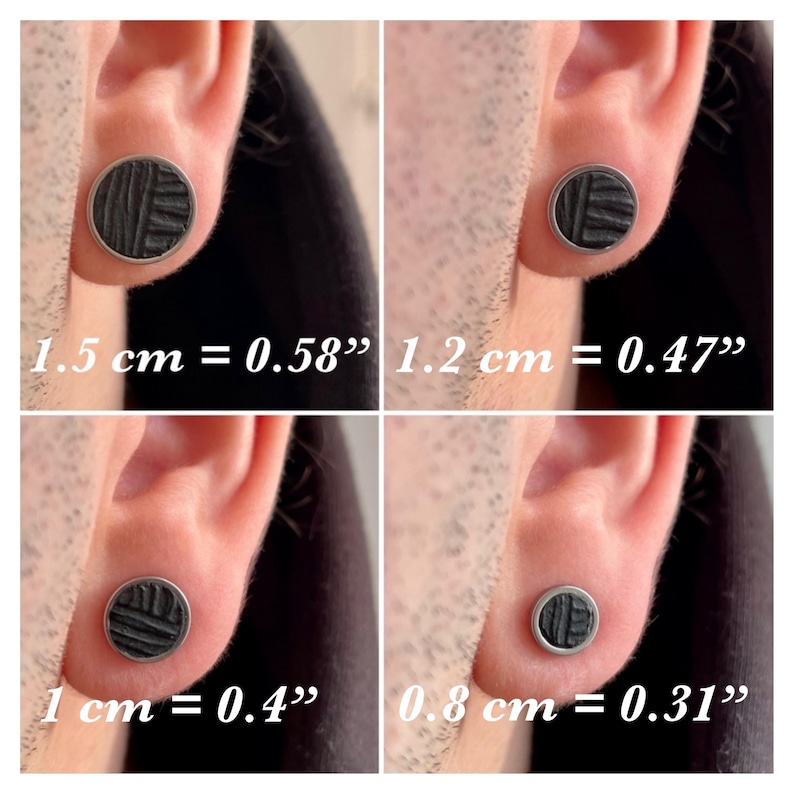 May include: Four black, round earrings with a textured pattern and silver edging. The image shows the earrings in various sizes: 1.5 cm, 1.2 cm, 1 cm, and 0.8 cm in diameter.