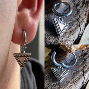 Men viking ring earring Triangle earrings for male Stainless steel hoop mono earring Celtic metal jewelry Viking lovers gift Present for guy