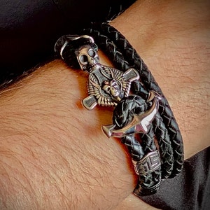 Biker black leather wrapped bracelet Skull armband for rockers Gothic bangle for punk Teenagers jewelry Masculine gift for son birthday