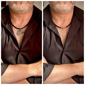 May include: Two-panel image of a person wearing a black shirt. The left panel shows a pendant necklace with a textured, gray stone. The right panel shows a braided black necklace with a silver-colored clasp. Both necklaces are visible against the open shirt.