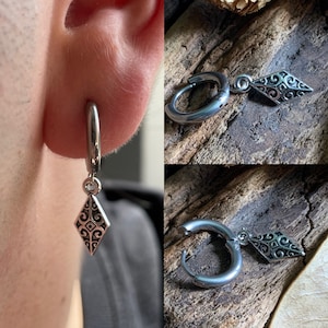 Men viking mono earring Hoop drop earring for viking lovers Stainless steel ring earring for guy Male Celtic jewelry for guy Gift for son