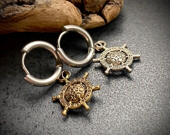 Ship's wheel single earring for sea wolf Pirate hoop drop earrings Sailor jewelry Gift for men Present for him Husband birthday Father Day