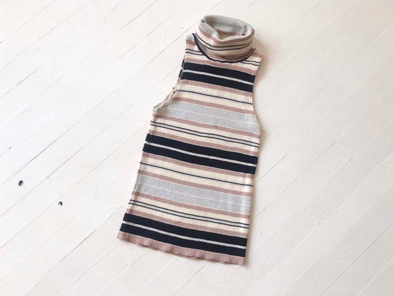 1970s Metallic Striped Turtleneck Halter Top