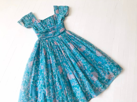 1950s Jonathan Logan Blue Floral Print Chiffon Dre