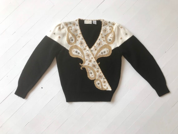 1980s Black Embroidered Metallic Paisley Sweater