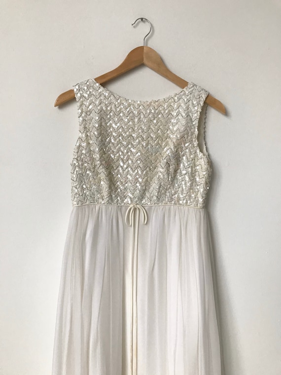 XXS/XS Long 60s White Silk Chiffon Sequin Dress