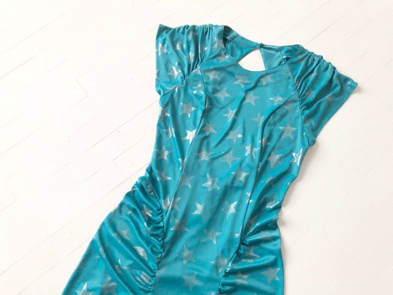 Vintage Teal Star Print Open Back Dress