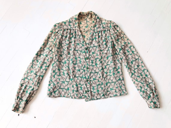1940s Green Printed Rayon Blouse