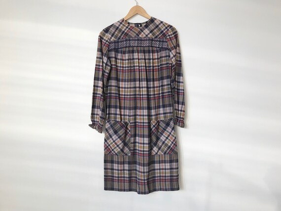 S/M 60s Cotton Plaid Pocket Dress