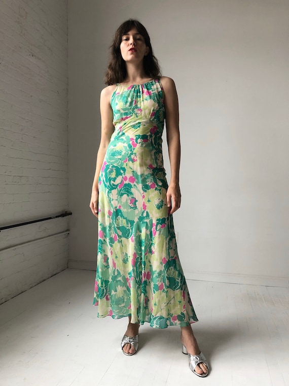 XS Silk Chiffon 1930s Bias Cut Printed Dress
