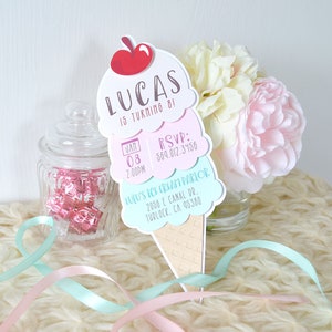 Ice Cream Cone Invitations: birthday party, kids invitations, colorful invitations, pastel rainbow, cherry on top, layered - LRD061P