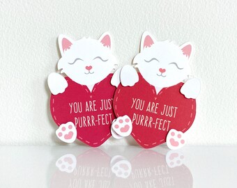 Mini Kitten Valentine's Card Set: cute cats heart cards, you are just perfect, purr-fect, white and red, sweet sayings, puns- LRD003V