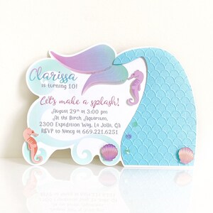 Mermaid Splash Birthday Party Invitations: printed cards, mermaid fin, under the sea, ocean invite, embossed cards- LRD052P
