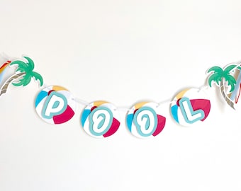 Pool Party Beach Ball Banner: Layered beach themed garland with palm tree flags on the end for Birthdays and summer parties - LRD031D