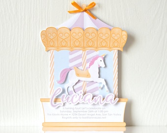 Juego de invitaciones para fiestas de cumpleaños infantiles con carrusel de unicornio mágico con tarjetas impresas en 3D