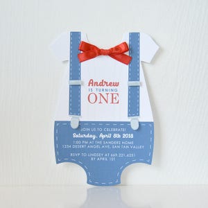 Bowtie Romper Baby Boy Birthday Party or Baby Shower Invitation Set of Printed 3D Cards image 1