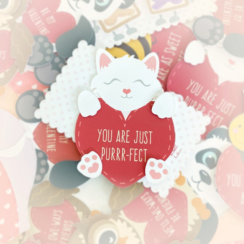 Mini Kitten Valentine's Card Set: cute cats heart cards, you are just perfect, purr-fect, white and red, sweet sayings, puns LRD003V image 5