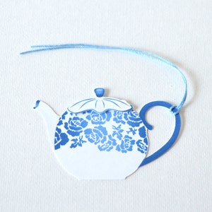 Tea Party Gift Tags Set of 10: teapot shaped tags with layered lids, blue floral design, party decor, vintage, elegant shower LRD015TG image 2