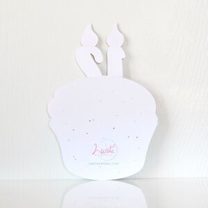 May include: White cupcake card with two candles on top. The card has a light blue background with white sprinkles and the text "Lunita Paperie" in a light blue font.