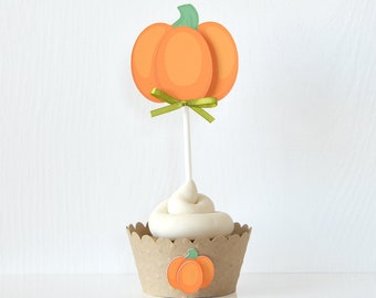 Pumpkin Wrappers & Toppers Set of 12: pumpkin cupcakes, halloween party, halloween decor, fall cupcakes, autumn dessert, orange  - LRD006HD