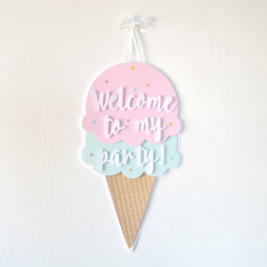 Ice Cream Cone Sign: birthday party, kids party, door hanger, pastel rainbow, cherry on top, party decor- LRD026D