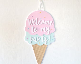 Ice Cream Cone Sign: birthday party, kids party, door hanger, pastel rainbow, cherry on top, party decor- LRD026D