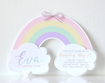 Juego de invitaciones para fiesta de cumpleaños con diseño de arcoíris, tarjetas impresas en 3D con colores pastel y purpurina