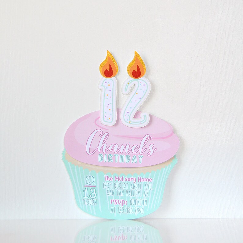May include: A turquoise and pink cupcake-shaped birthday invitation with a number 12 on top. The invitation says "Chanel's Birthday" and includes the date, time, location, and RSVP information.