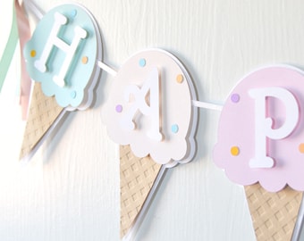 Ice Cream Birthday Banner: A sweet, custom party garland for parties and baby showers alike done in pastels with embossed cones  - LRD021D