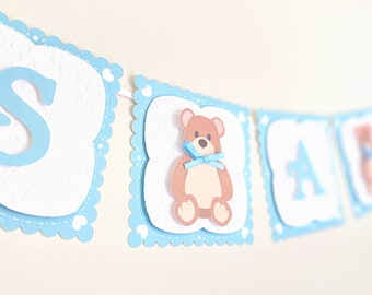 Teddy Bear Baby Shower Banner: blue garland with quilted bear design for first birthdays and gender reveals