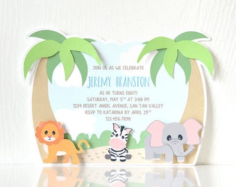 Jungle Animal Safari Party Birthday Party Invitation Set of Printed 3D Cards