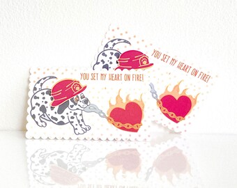 Mini Fire Fighter Dog Valentine Card Set: fire marshal, puppy valentine, funny valentines, sweet sayings, puns, school- LRD023V