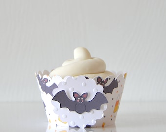 Candy Bats Cupcake Wrappers Set of 12: - halloween party, spooky decor, kids halloween, candy corn, flying bats, layered- LRD017CW