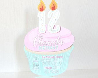 Cupcake Candles Custom Birthday Party Invitation Set of Printed 3D Cards with Glitter Flames