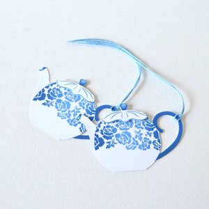 Tea Party Gift Tags Set of 10: teapot shaped tags with layered lids, blue floral design, party decor, vintage, elegant shower- LRD015TG