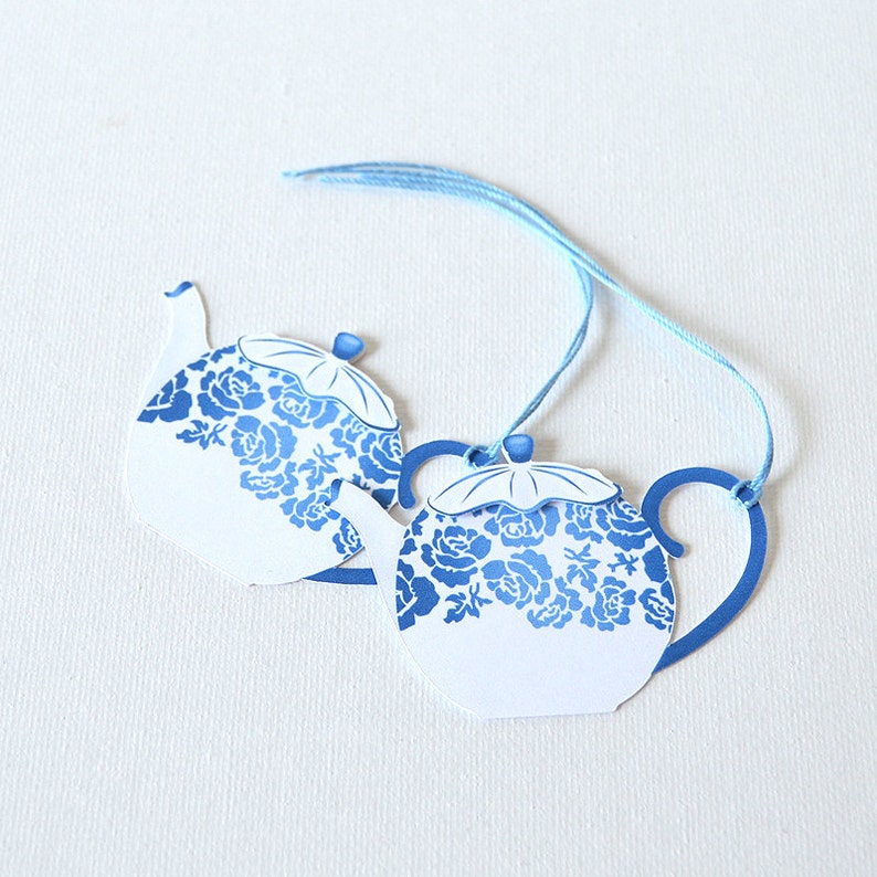 Tea Party Gift Tags Set of 10: teapot shaped tags with layered lids, blue floral design, party decor, vintage, elegant shower LRD015TG image 1