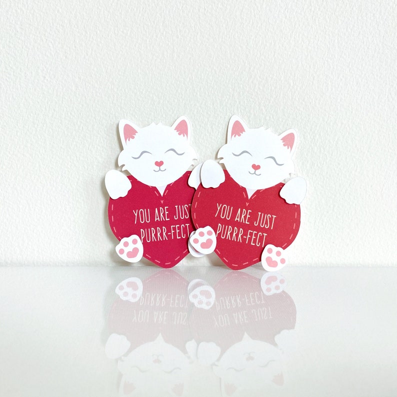 Mini Kitten Valentine's Card Set: cute cats heart cards, you are just perfect, purr-fect, white and red, sweet sayings, puns LRD003V image 1