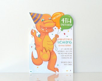 Dinosaur Roar Birthday Party Invitations: printed t-rex cards with 3D design and custom text