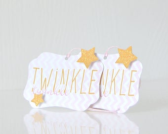 Chevron Stars Gift Tags: patterned tags, present, hanging tags, glittered, sparkles, twinkle twinkle, stripes, pink and white - LRD032TG