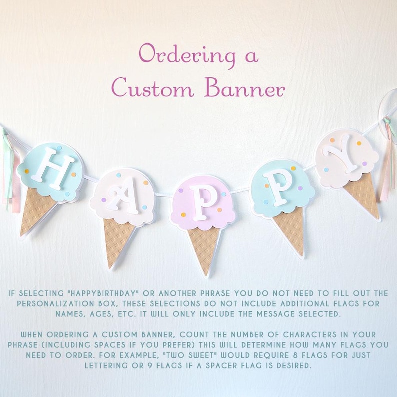 Op de afbeelding: Een banner met het woord "HAPPY" gespeld in witte letters op papieren uitsnijdingen in de vorm van ijshoorns. De hoorns zijn versierd met pastelblauwe, roze en witte sprinkles. De banner is aan elkaar geregen met wit touw. De tekst "Ordering a Custom Banner" staat in paars bovenaan de afbeelding. De tekst onder de banner legt uit hoe je een aangepaste banner kunt bestellen.
