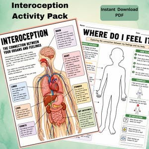 May include: An Interoception Activity Pack PDF featuring two educational sheets. One sheet displays a human anatomy diagram with labelled organs like the brain, heart, lungs, liver, stomach, and gut, explaining their connection to feelings.