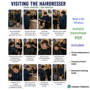 May include: A visual schedule titled VISITING THE HAIRDRESSER featuring twelve numbered steps with photographs and text explaining the process of getting a haircut, from entering the salon to paying and leaving, including a guide for parents and teachers.