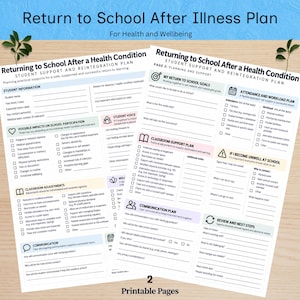 May include: A two-page printable Return to School After Health Condition student support and reintegration plan. The documents feature sections for student information, goals, classroom support, attendance, communication, and review steps with checkboxes.