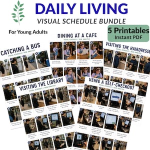 May include: A Daily Living Visual Schedule Bundle for young adults featuring 5 printable PDF pages. Each page includes numbered photographic steps for tasks like catching a bus, dining at a cafe, visiting the library, visiting the hairdresser, and using a self-checkout.