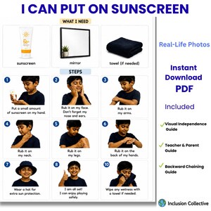 Guia visual de protetor solar, análise de tarefas, autismo, etapas com fotos reais (PDF para impressão)