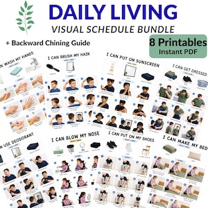 May include: A Daily Living Visual Schedule Bundle featuring 8 printable PDF guides. Each page includes step-by-step photographic instructions for tasks like washing hands, brushing hair, applying sunscreen, getting dressed, and making a bed.