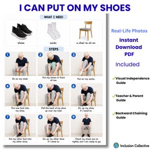 Guide visuel pour enfiler ses chaussures, autisme, éducation spécialisée, étapes illustrées en photos (PDF imprimable)
