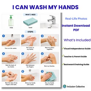Puede incluir: Una guía visual titulada I CAN WASH MY HANDS que muestra nueve pasos numerados con fotografías sobre el proceso de lavarse las manos usando jabón, agua y una toalla. El documento incluye etiquetas de texto para materiales y pasos.