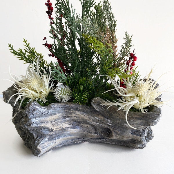 Gray Faux Driftwood Christmas Arrangement, Gray Driftwood Christmas Arrangement