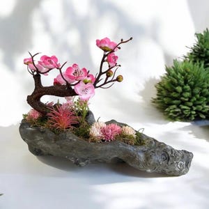 Faux Pink Bonsai Arrangement: Handmade Concrete Burl Log Planter